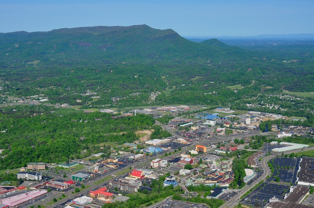 Aerial view of downtown Pigeon Forge.